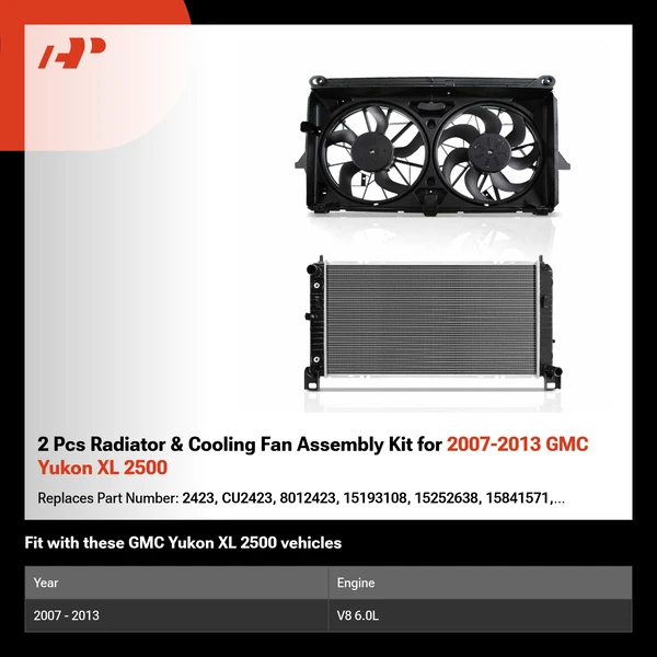 2 Pcs Radiator & Cooling Fan Assembly Kit for 2007-2013 GMC Yukon XL 2500