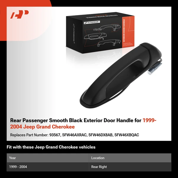 Rear Passenger Smooth Black Exterior Door Handle for 1999-2004 Jeep Grand Cherokee