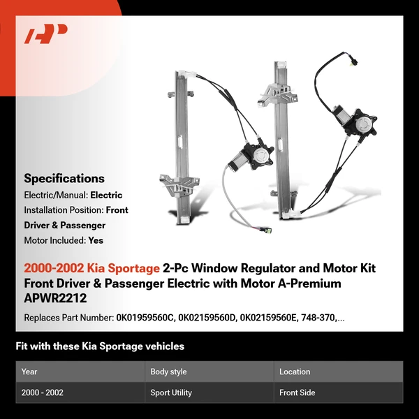 2000-2002 Kia Sportage 2-Pc Window Regulator and Motor Kit Front Driver & Passenger Electric with Motor A-Premium APWR2212