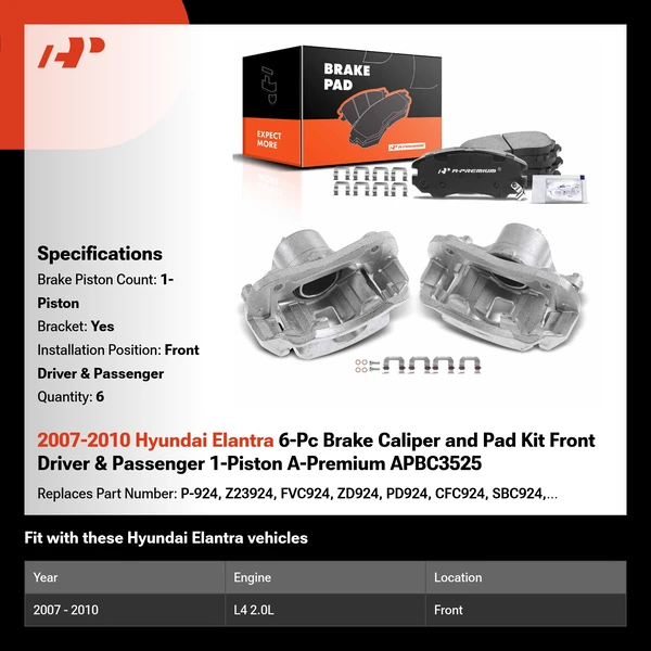 2007-2010 Hyundai Elantra 6-Pc Brake Caliper and Pad Kit Front Driver & Passenger 1-Piston A-Premium APBC3525