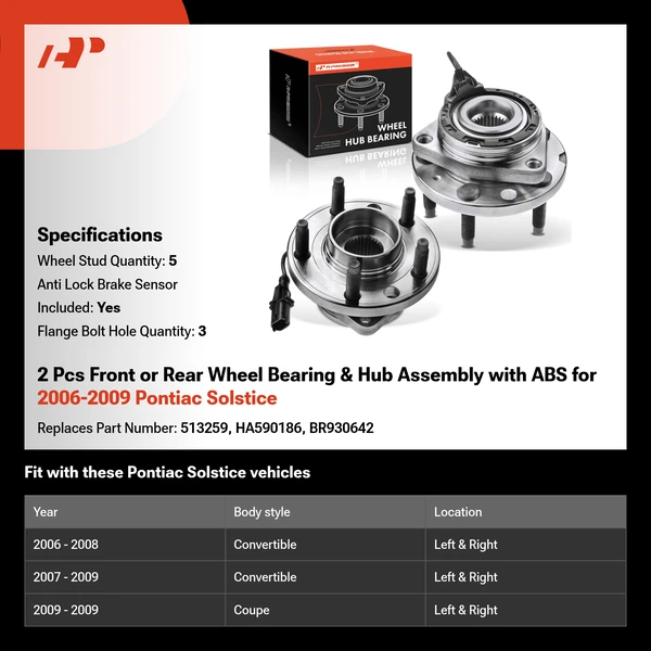 2 Pcs Front or Rear Wheel Bearing & Hub Assembly with ABS for 2006-2009 Pontiac Solstice