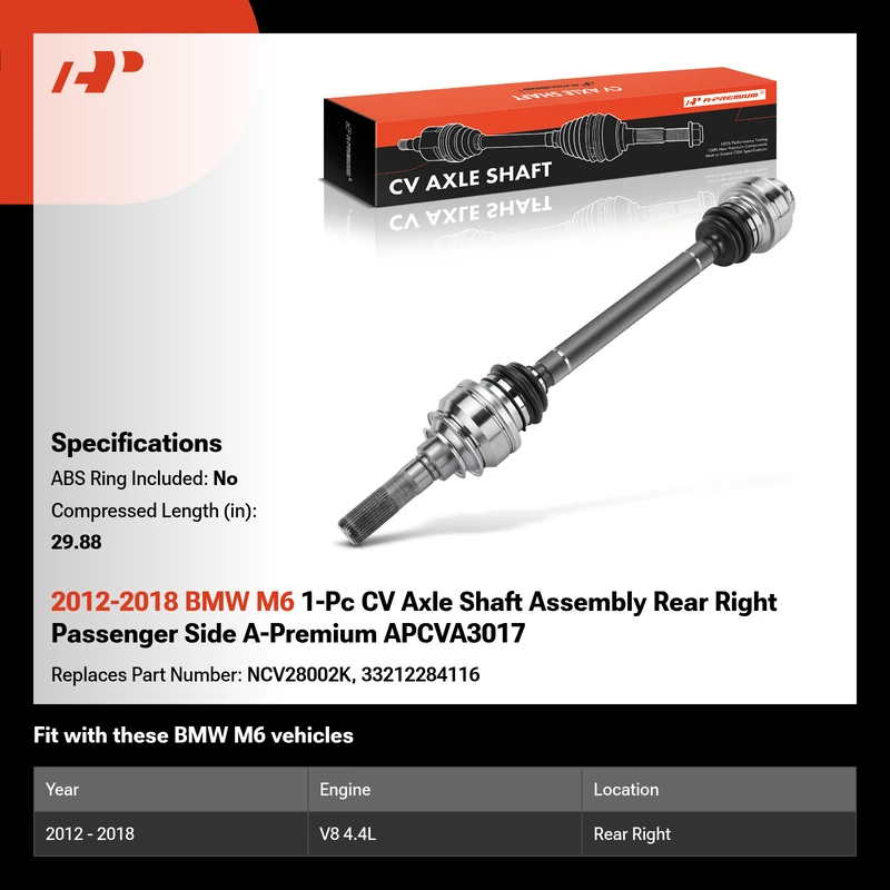 2012-2018 BMW M6 1-Pc CV Axle Shaft Assembly Rear Right Passenger Side A-Premium APCVA3017