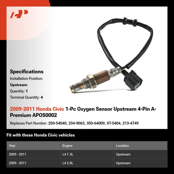 2009-2011 Honda Civic 1-Pc Oxygen Sensor Upstream 4-Pin A-Premium APOS0002