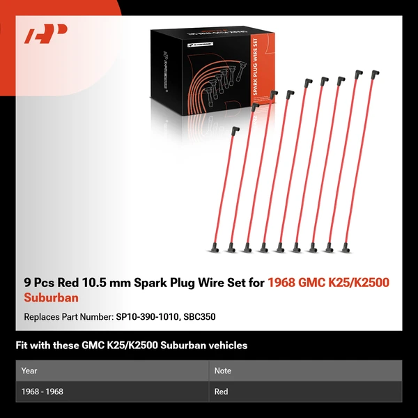 9 Pcs Red 10.5 mm Spark Plug Wire Set for 1968 GMC K25/K2500 Suburban