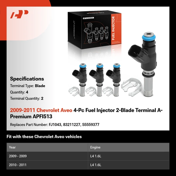 2009-2011 Chevrolet Aveo 4-Pc Fuel Injector 2-Blade Terminal A-Premium APFI513