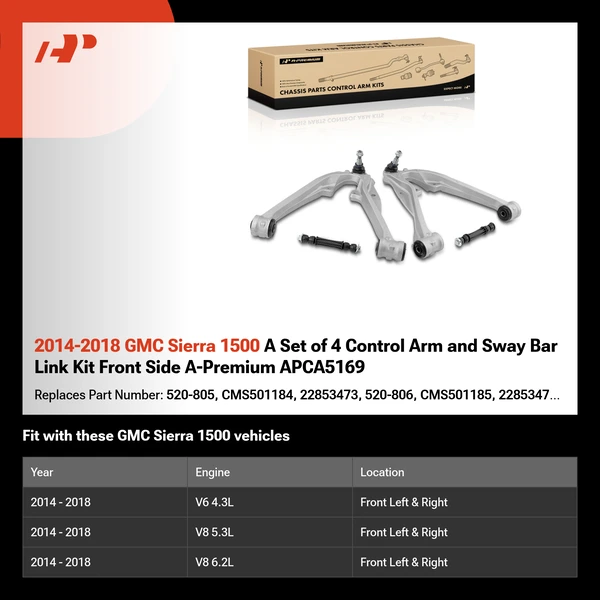 2014-2018 GMC Sierra 1500 A Set of 4 Control Arm and Sway Bar Link Kit Front Side A-Premium APCA5169