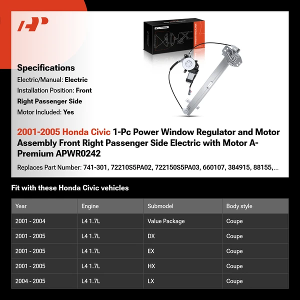2001-2005 Honda Civic 1-Pc Power Window Regulator and Motor Assembly Front Right Passenger Side Electric with Motor A-Premium APWR0242