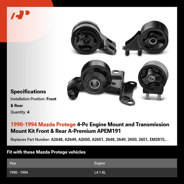 1990-1994 Mazda Protege 4-Pc Engine Mount and Transmission Mount Kit Front & Rear A-Premium APEM191
