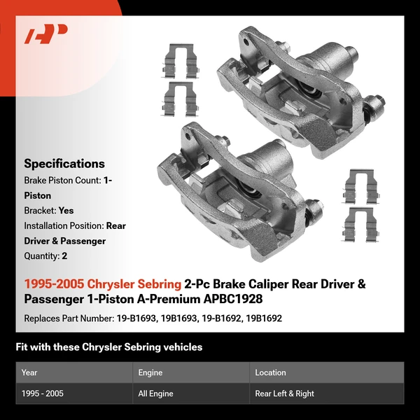 1995-2005 Chrysler Sebring 2-Pc Brake Caliper Rear Driver & Passenger 1-Piston A-Premium APBC1928