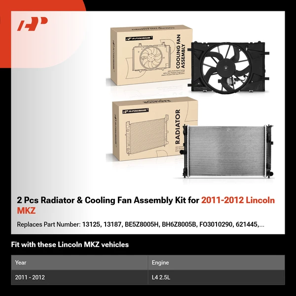 2 Pcs Radiator & Cooling Fan Assembly Kit for 2011-2012 Lincoln MKZ