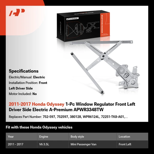 2011-2017 Honda Odyssey 1-Pc Window Regulator Front Left Driver Side Electric A-Premium APWR3348TW
