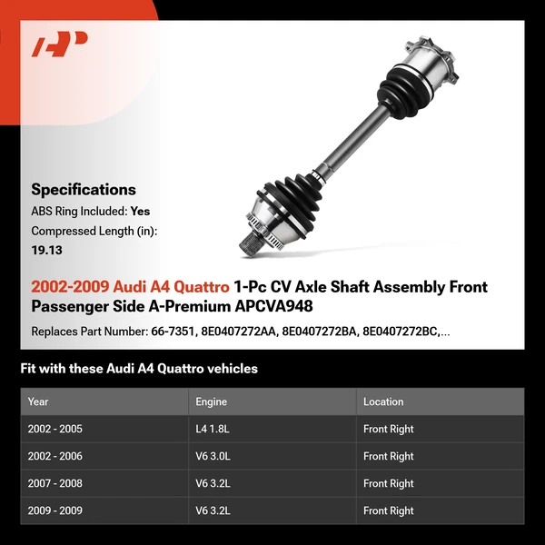 2002-2009 Audi A4 Quattro 1-Pc CV Axle Shaft Assembly Front Passenger Side A-Premium APCVA948