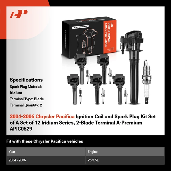 2004-2006 Chrysler Pacifica Ignition Coil and Spark Plug Kit Set of A Set of 12 Iridium Series, 2-Blade Terminal A-Premium APIC0529
