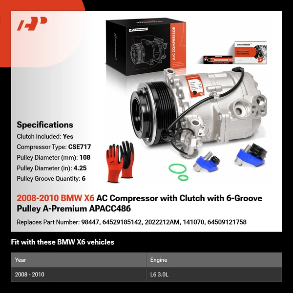 2008-2010 BMW X6 AC Compressor with Clutch with 6-Groove Pulley A-Premium APACC486