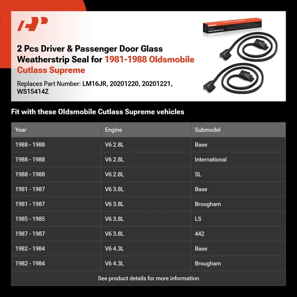 2 Pcs Driver & Passenger Door Glass Weatherstrip Seal for 1981-1988 Oldsmobile Cutlass Supreme