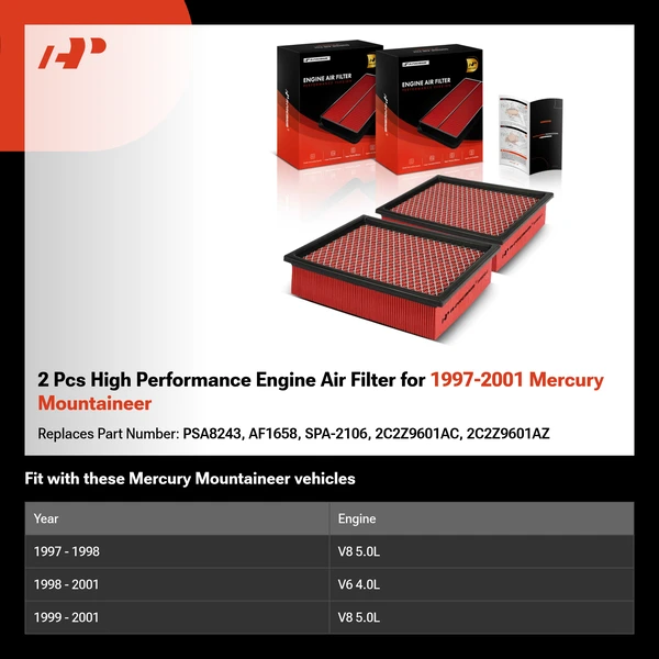 2 Pcs High Performance Engine Air Filter for 1997-2001 Mercury Mountaineer