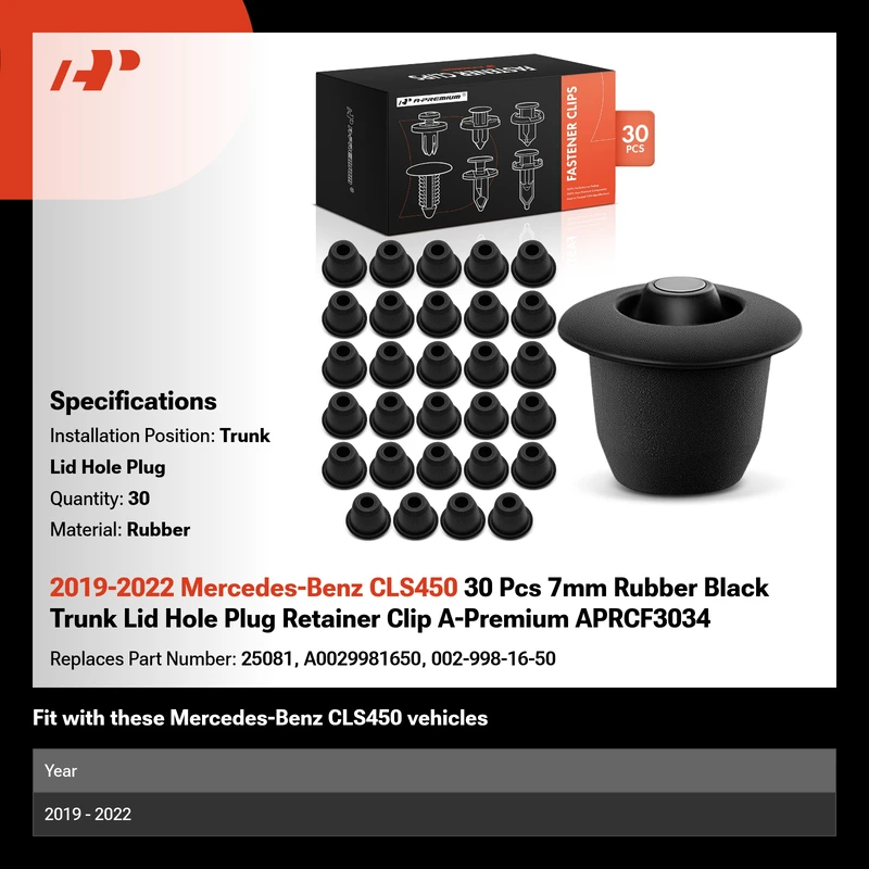 2019-2022 Mercedes-Benz CLS450 30 Pcs 7mm Rubber Black Trunk Lid Hole Plug Retainer Clip A-Premium APRCF3034