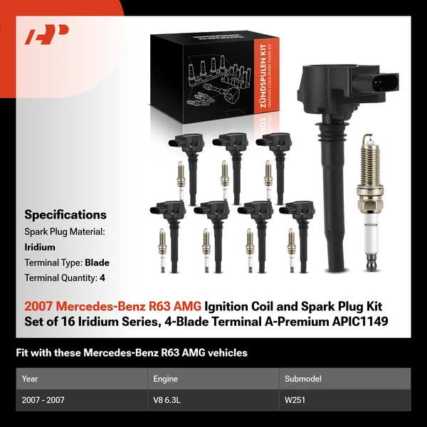 2007 Mercedes-Benz R63 AMG Ignition Coil and Spark Plug Kit Set of 16 Iridium Series, 4-Blade Terminal A-Premium APIC1149
