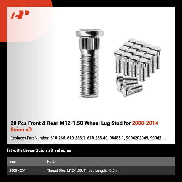 20 Pcs Front & Rear M12-1.50 Wheel Lug Stud for 2008-2014 Scion xD