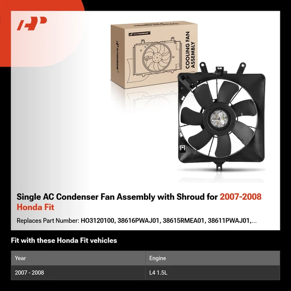 Single AC Condenser Fan Assembly with Shroud for 2007-2008 Honda Fit