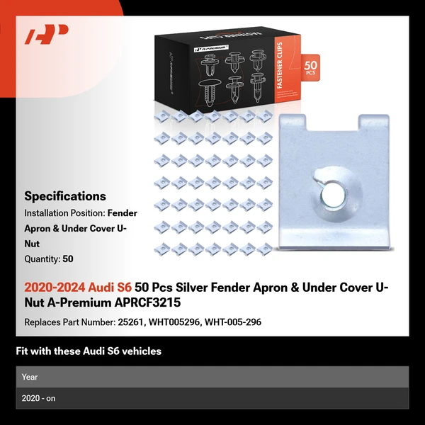 2020-2024 Audi S6 50 Pcs Silver Fender Apron & Under Cover U-Nut A-Premium APRCF3215