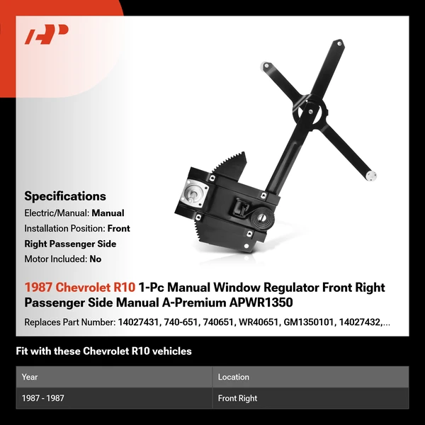 1987 Chevrolet R10 1-Pc Manual Window Regulator Front Right Passenger Side Manual A-Premium APWR1350