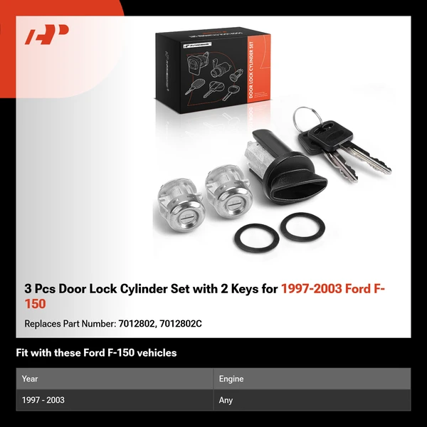 3 Pcs Door Lock Cylinder Set with 2 Keys for 1997-2003 Ford F-150