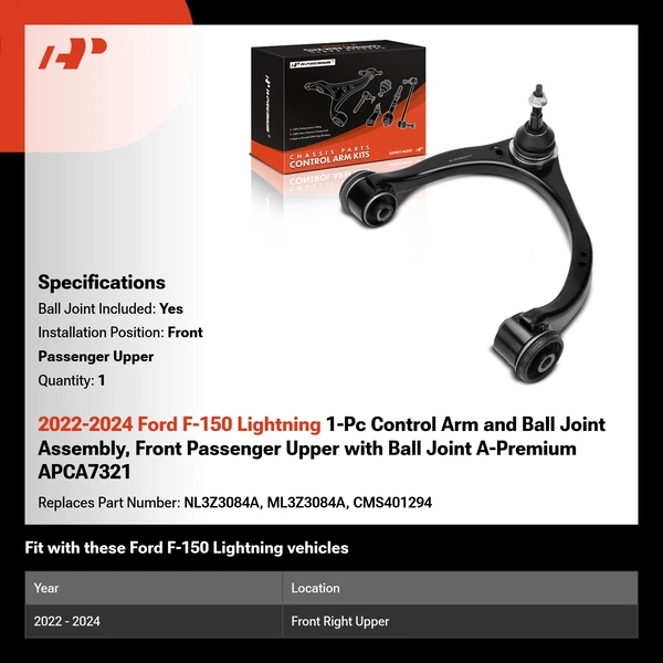2022-2024 Ford F-150 Lightning 1-Pc Control Arm and Ball Joint Assembly, Front Passenger Upper with Ball Joint A-Premium APCA7321
