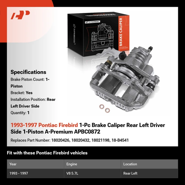 1993-1997 Pontiac Firebird 1-Pc Brake Caliper Rear Left Driver Side 1-Piston A-Premium APBC0872