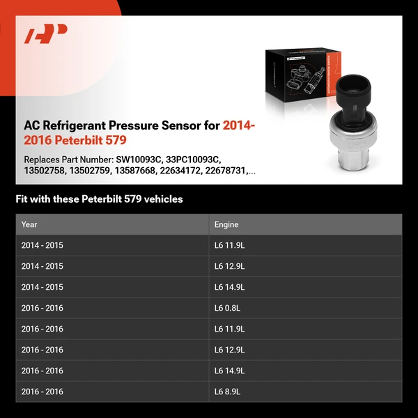 AC Refrigerant Pressure Sensor for 2014-2016 Peterbilt 579