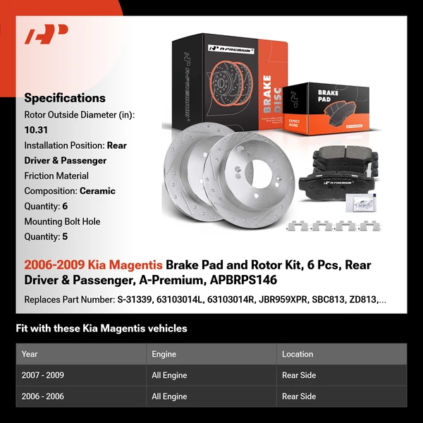 2006-2009 Kia Magentis Brake Pad and Rotor Kit, 6 Pcs, Rear Driver & Passenger, A-Premium, APBRPS146