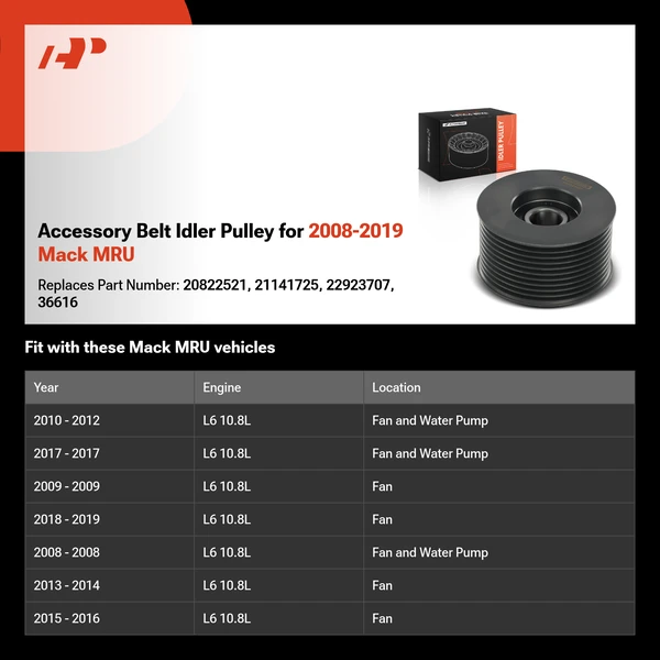 Accessory Belt Idler Pulley for 2008-2019 Mack MRU