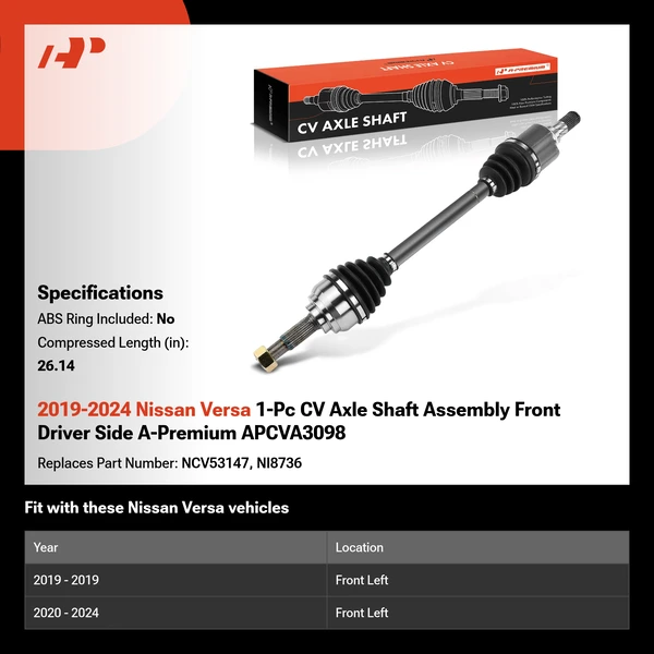 2019-2024 Nissan Versa 1-Pc CV Axle Shaft Assembly Front Driver Side A-Premium APCVA3098