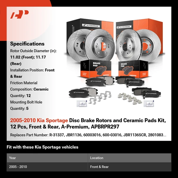 2005-2010 Kia Sportage Disc Brake Rotors and Ceramic Pads Kit, 12 Pcs, Front & Rear, A-Premium, APBRPR297