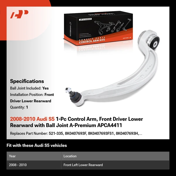 2008-2010 Audi S5 1-Pc Control Arm, Front Driver Lower Rearward with Ball Joint A-Premium APCA4411