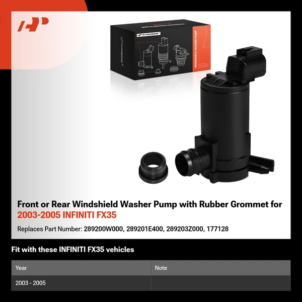 Front or Rear Windshield Washer Pump with Rubber Grommet for 2003-2005 INFINITI FX35