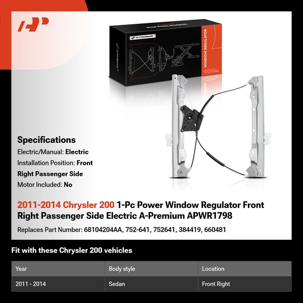 2011-2014 Chrysler 200 1-Pc Power Window Regulator Front Right Passenger Side Electric A-Premium APWR1798