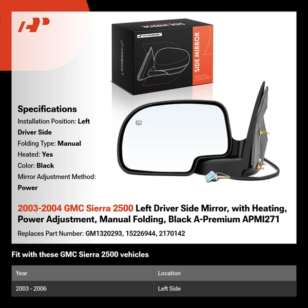 2003-2004 GMC Sierra 2500 Left Driver Side Mirror, with Heating, Power Adjustment, Manual Folding, Black A-Premium APMI271