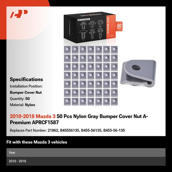 2010-2018 Mazda 3 50 Pcs Nylon Gray Bumper Cover Nut A-Premium APRCF1587