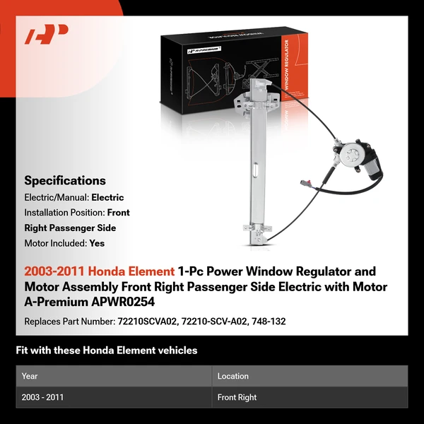 2003-2011 Honda Element 1-Pc Power Window Regulator and Motor Assembly Front Right Passenger Side Electric with Motor A-Premium APWR0254