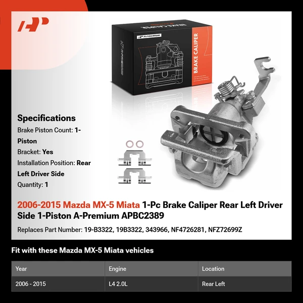 2006-2015 Mazda MX-5 Miata 1-Pc Brake Caliper Rear Left Driver Side 1-Piston A-Premium APBC2389