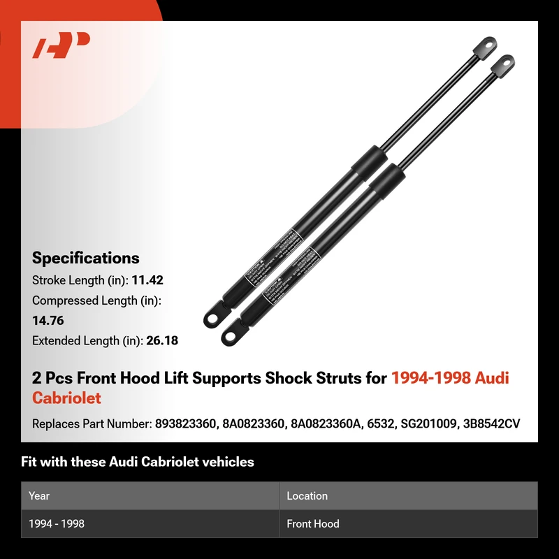 2 Pcs Front Hood Lift Supports Shock Struts for 1994-1998 Audi Cabriolet
