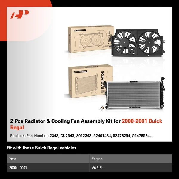 2 Pcs Radiator & Cooling Fan Assembly Kit for 2000-2001 Buick Regal