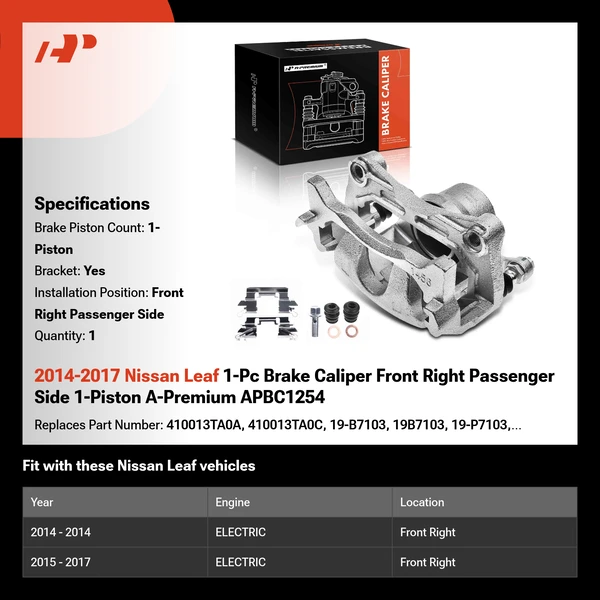 2014-2017 Nissan Leaf 1-Pc Brake Caliper Front Right Passenger Side 1-Piston A-Premium APBC1254