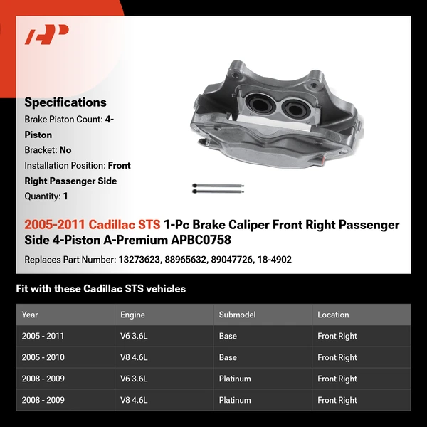 2005-2011 Cadillac STS 1-Pc Brake Caliper Front Right Passenger Side 4-Piston A-Premium APBC0758
