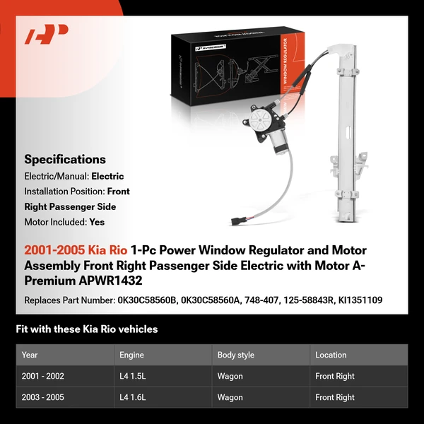2001-2005 Kia Rio 1-Pc Power Window Regulator and Motor Assembly Front Right Passenger Side Electric with Motor A-Premium APWR1432