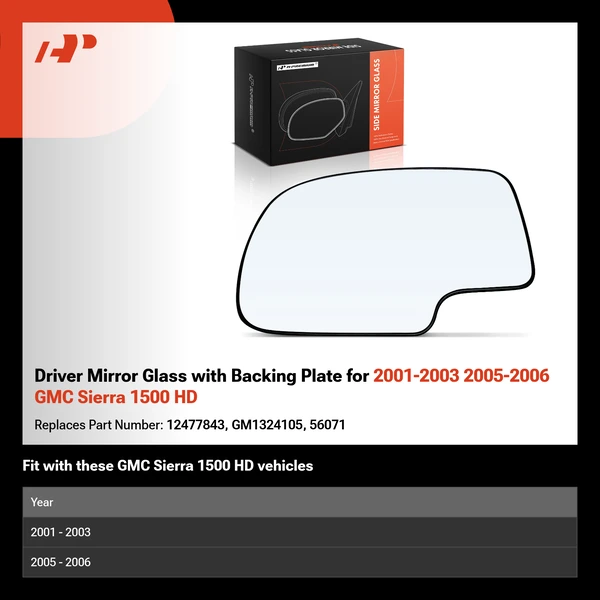 Driver Mirror Glass with Backing Plate for 2001-2003 2005-2006 GMC Sierra 1500 HD