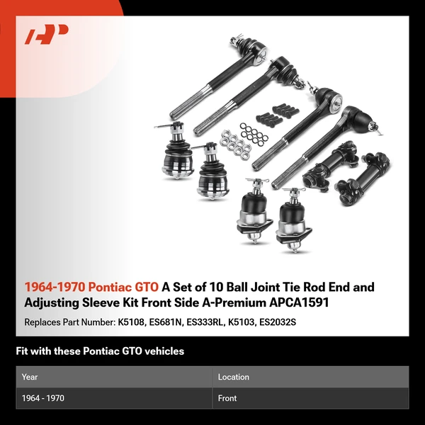 1964-1970 Pontiac GTO A Set of 10 Ball Joint Tie Rod End and Adjusting Sleeve Kit Front Side A-Premium APCA1591