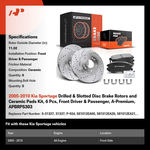 2005-2010 Kia Sportage Drilled & Slotted Disc Brake Rotors and Ceramic Pads Kit, 6 Pcs, Front Driver & Passenger, A-Premium, APBRPS303