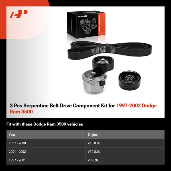 3 Pcs Serpentine Belt Drive Component Kit for 1997-2002 Dodge Ram 3500